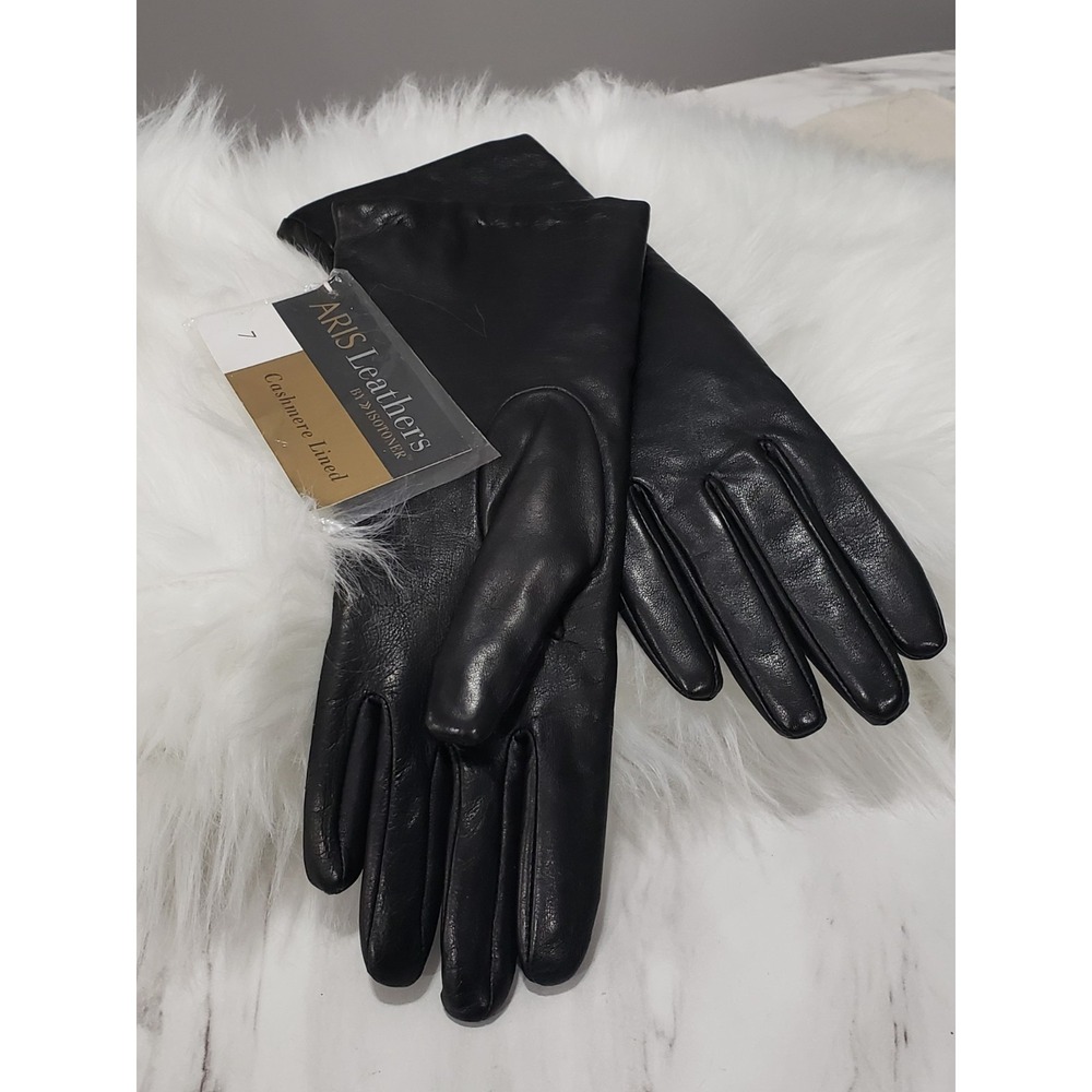 NWT Aris Black Leather Gloves Cashmere Lined Women's Size 7 Vintage Driving Long